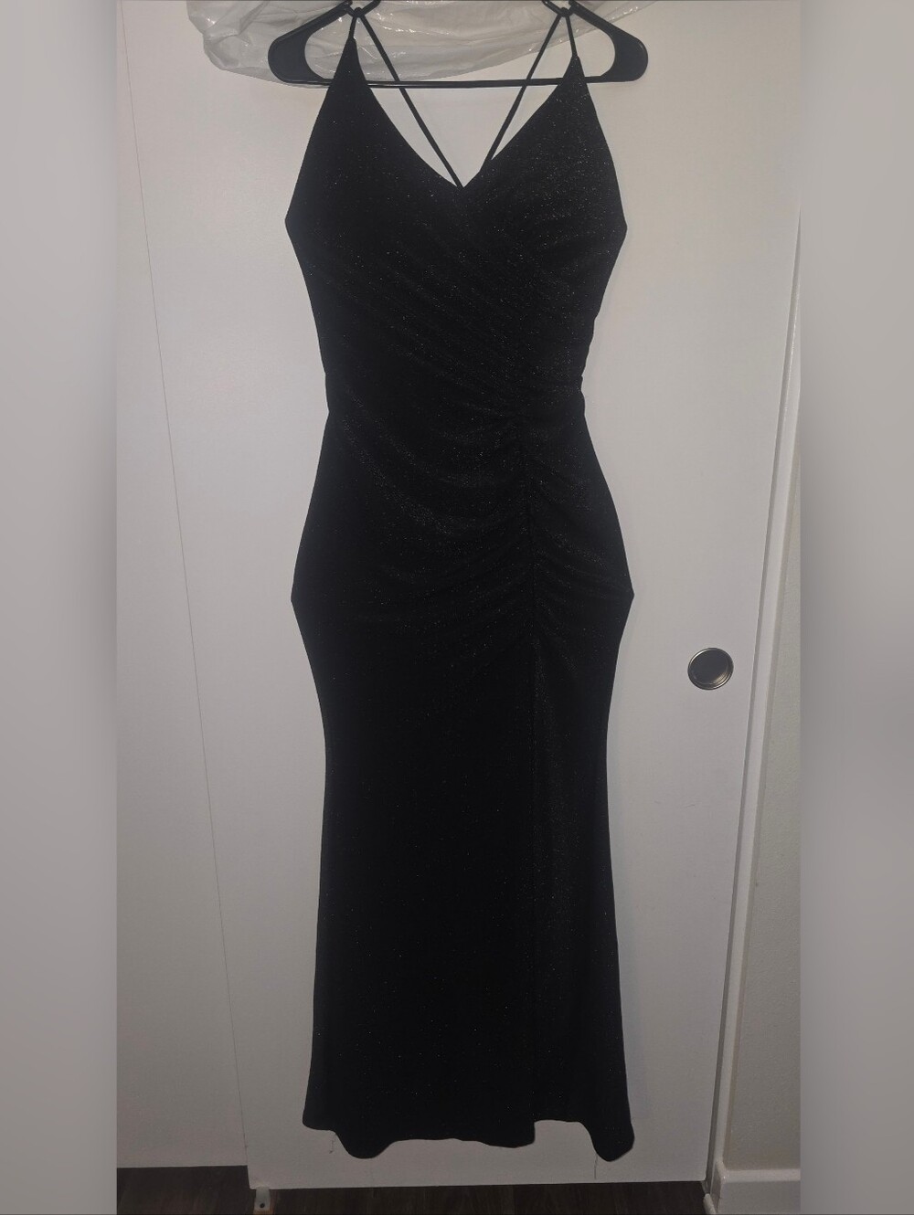 Black Sparkle Ruched V-Neck Evening Dress